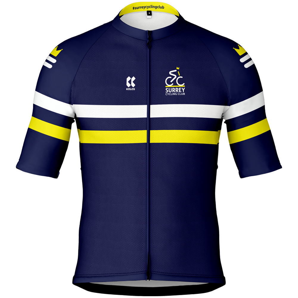 Surrey cycling club jersey. The men's cycling jersey with yellow and blue stripes.