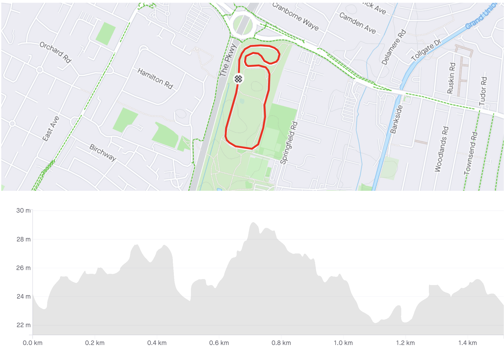 A map displaying a running route in Surrey for the Surrey Cycling Club.