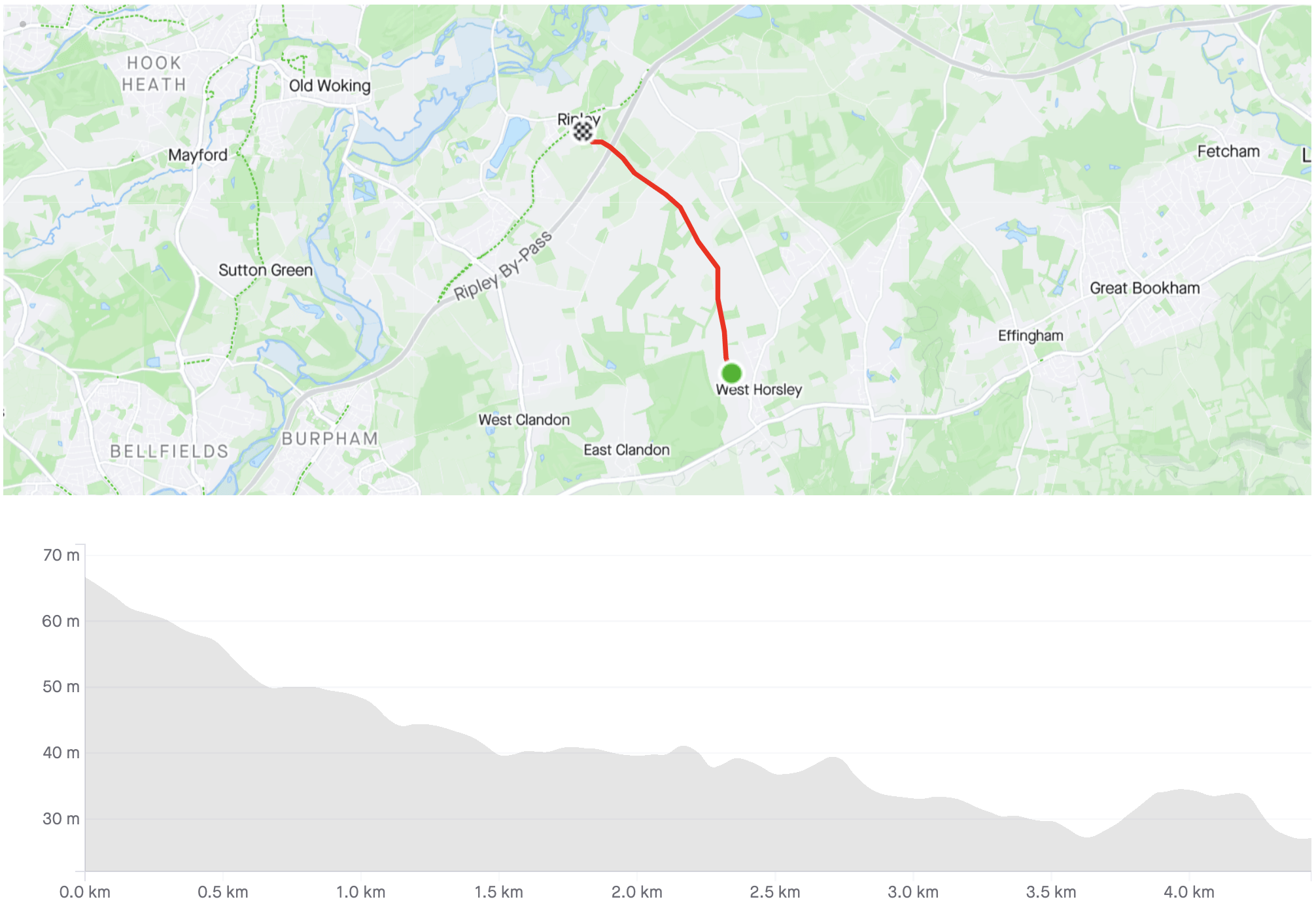 A map of a bike ride route organized by Surrey Cycling Club.