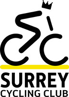 Logo for Surrey Cycling Club featuring a stylized cyclist formed from the letters "SCC" with a crown above the "I" and a yellow line beneath the text.